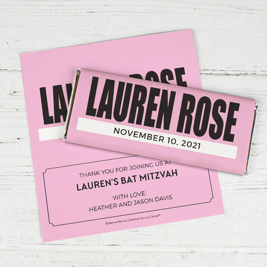 Bat Mitzvah Boldly Pink Personalized Hershey's Chocolate Bar Wrappers Only