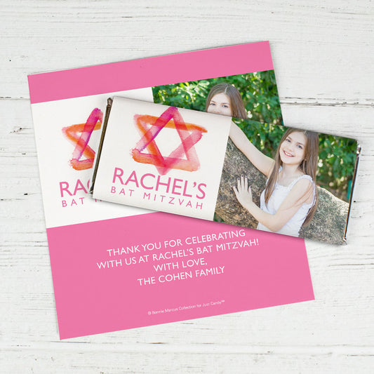 Bat Mitzvah Personalized Photo Pink Star of David Chocolate Bar Wrappers Only