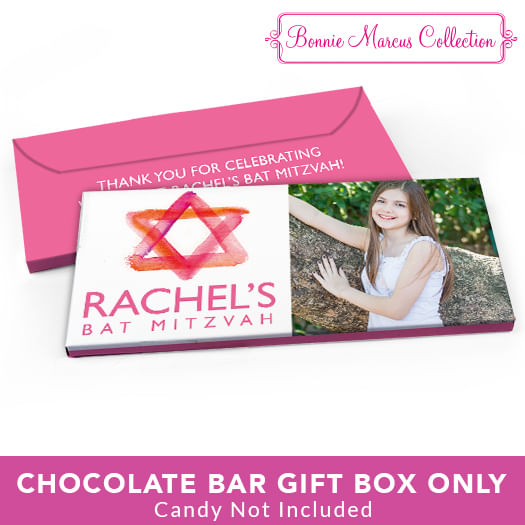 Deluxe Personalized Bat Mitzvah Pink Star of David Candy Bar Favor Box