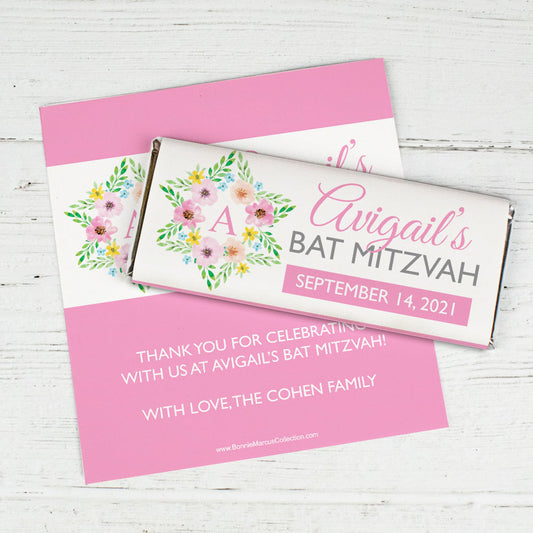 Personalized Bonnie Marcus Bat Mitzvah Floral Star of David Chocolate Bar Wrappers