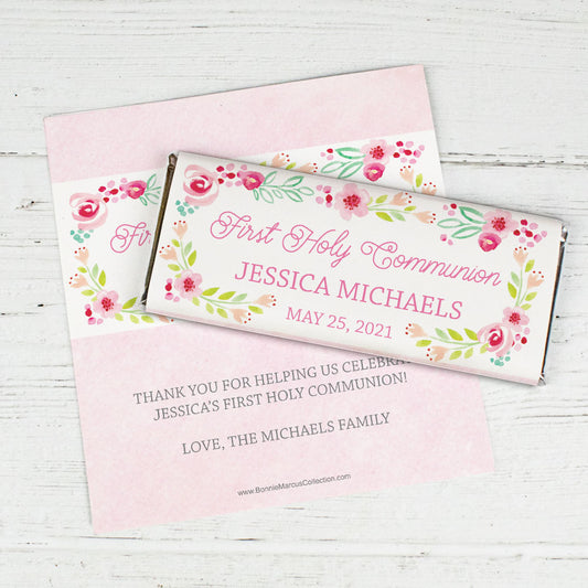 Personalized Bonnie Marcus Girl First Communion Floral Arrangement Chocolate Bar Wrappers Only