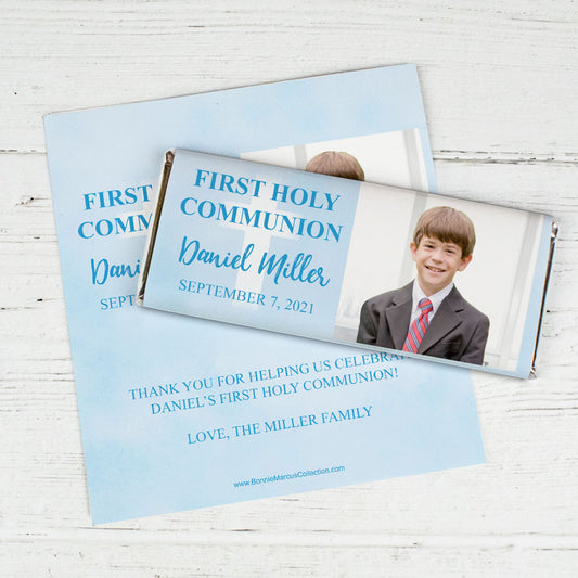 Personalized Bonnie Marcus Boy First Communion Faded Cross Chocolate Bar Wrappers Only