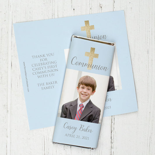 Personalized Bonnie Marcus Boy First Communion Glitter Cross Chocolate Bar Wrappers Only