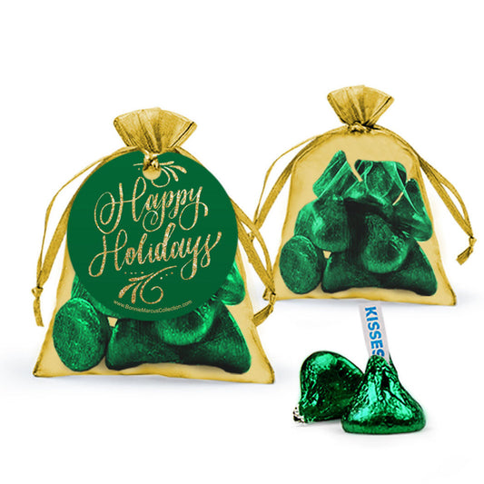 Happy Holidays Flourish Hershey's Kisses in Organza Bags with Gift Tag