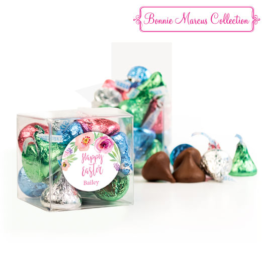 Personalized Easter Pink Flowers Clear Gift Box with Sticker - Approx. 16 Spring Mix Hershey's Kisses