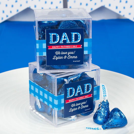 Personalized Father's Day Plaid JUST CANDY� favor cube with Hershey's Kisses