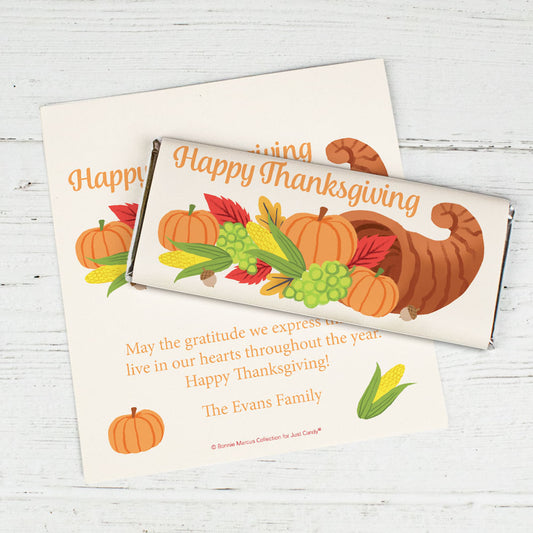 Personalized Bonnie Marcus Thanksgiving Cornucopia Chocolate Bar Wrappers Only