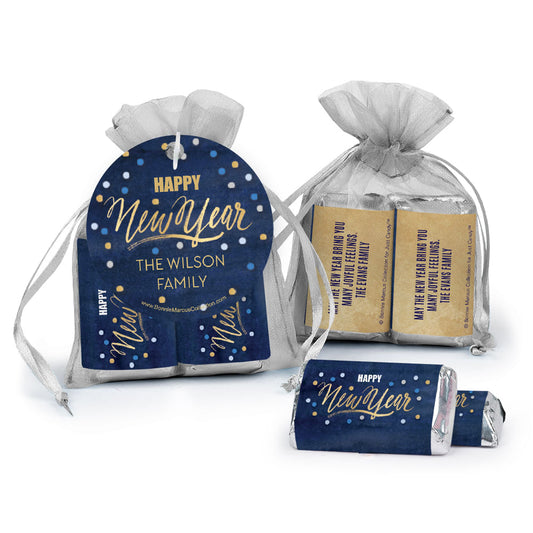 Personalized New Year's Eve Midnight Celebration Hershey's Miniatures in Organza Bags with Gift Tag