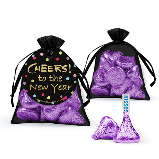 New Year's Eve Cheery Rainbow Dots Hershey's Kisses in Organza Bags with Gift Tag