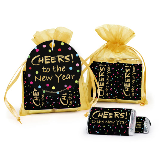 New Year's Eve Cheery Rainbow Dots Hershey's Miniatures in Organza Bags with Gift Tag