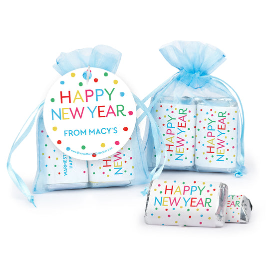 Personalized New Year's Eve Dazzling Dots Hershey's Miniatures in Organza Bags with Gift Tag