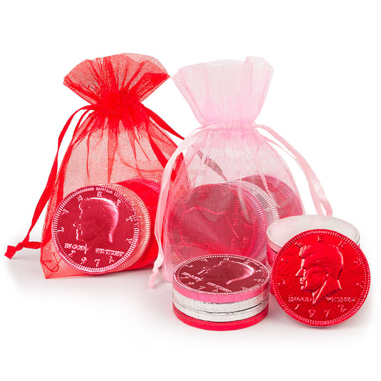 Valentine's Day Heart Stripes Chocolate Coins in XS Organza Bags with Gift Tag