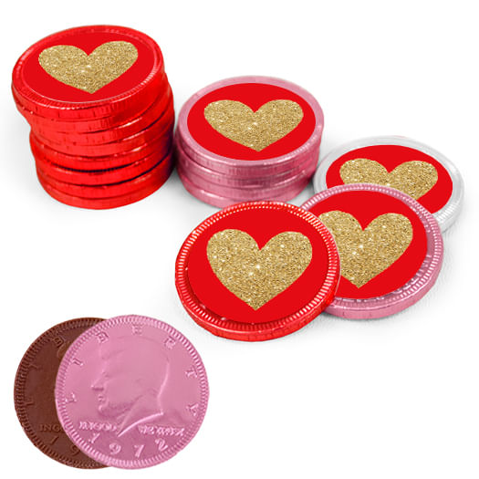 Valentine's Day Glitter Heart Milk Chocolate Red, Pink and White Coins with Stickers