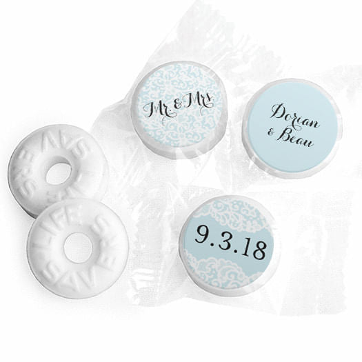 Personalized Bonnie Marcus Wedding Lace Trim on Light Blue Life Savers Mints