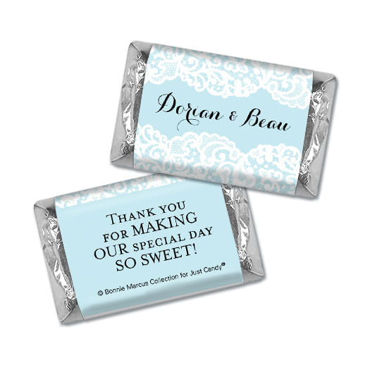 Personalized Bonnie Marcus Wedding Lace Trim on Light Blue Hershey's Miniatures