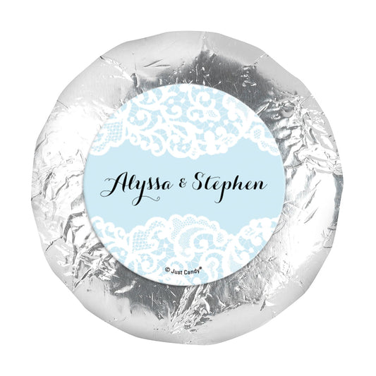 Personalized Wedding Lace Trim on Light Blue 1.25" Stickers (48 Stickers)