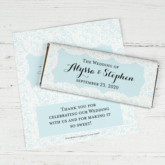 Personalized Bonnie Marcus Wedding Lace Trim on Light Blue Chocolate Bar Wrappers Only