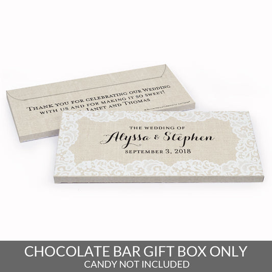 Deluxe Personalized Wedding Lace Trim on Burlap Candy Bar Favor Box