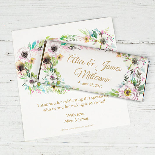 Personalized Bonnie Marcus Wedding Painted Flowers Chocolate Bar Wrappers