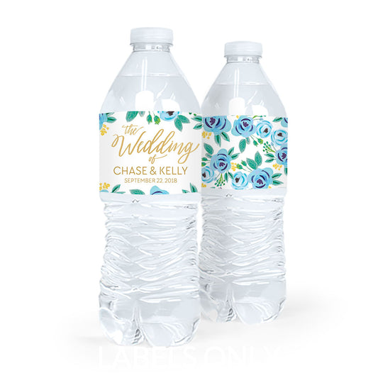 Wedding Blue Flowers Water Bottle Labels (5 Labels)