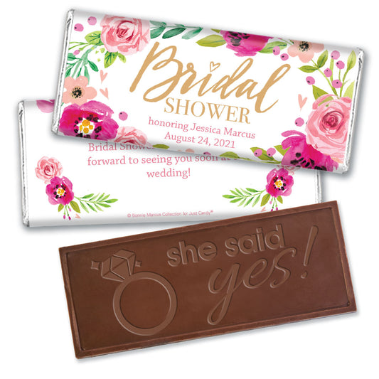 Personalized Bonnie Marcus Birdal Shower Magenta Florals Embossed Chocolate Bar & Wrapper