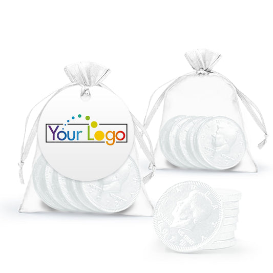 Custom Add Your Logo Chocolate Coins in Organza Bag with Gift Tag