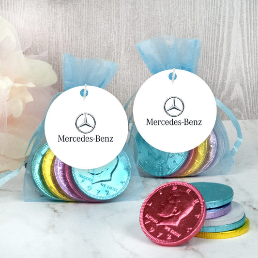 Personalized Add Your Logo Easter Chocolate Coins in XS Organza Bags with Gift Tag