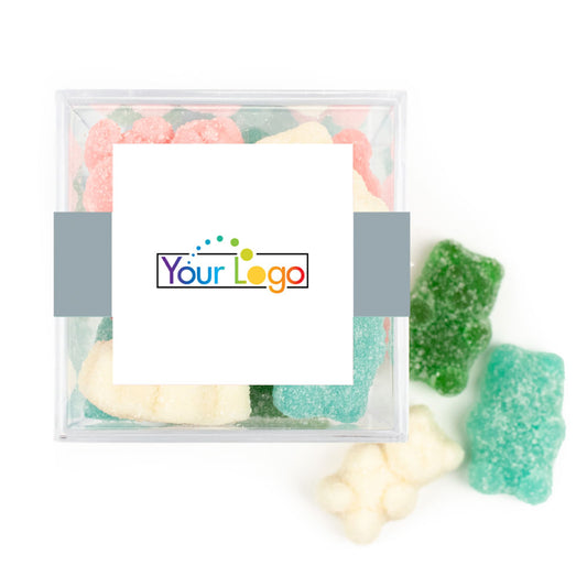 Custom Add Your Logo JUST CANDY� favor cube with Sugar Sanded Gummy Bears