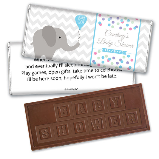 Baby Shower Personalized Embossed Chocolate Bar Chevron Dots Elephant