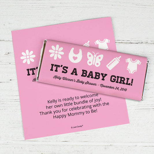 Baby Shower Personalized Chocolate Bar Wrappers Bottles Bibs and Butterflies "It's a Girl"