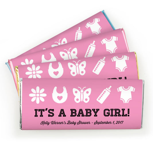 Baby Shower Personalized Chocolate Bar Wrappers Bottles Bibs and Butterflies "It's a Girl"