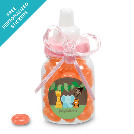 Baby Shower Personalized Pink Baby Bottle Jungle Safari Animals (24 Pack)