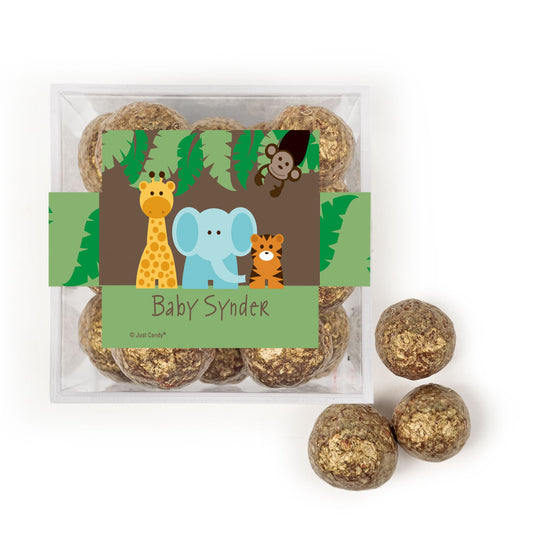 Personalized Baby Shower Jungle Buddies JUST CANDY® favor cube with Prosecco Cordials