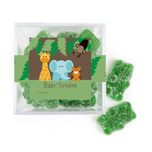 Personalized Baby Shower Jungle Safari Animals Favor Cube with Gummy Bears