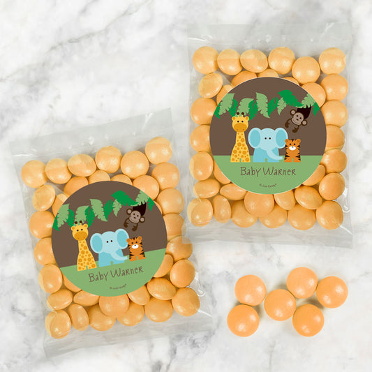 Personalized Baby Shower Jungle Safari Animals Candy Bags with Just Candy Milk Chocolate Gems