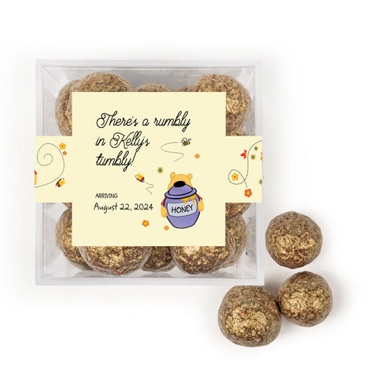 Personalized Baby Shower Pooh JUST CANDY® favor cube with Prosecco Cordials