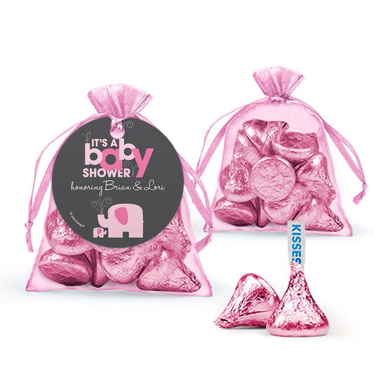 Personalized Baby Shower Elephants Organza Bags with Hershey's Kisses