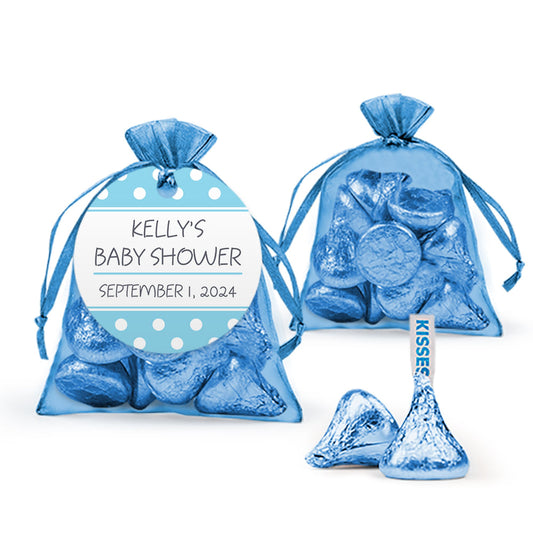 Personalized Baby Shower Polka Dot Organza Bags with Hershey's Kisses