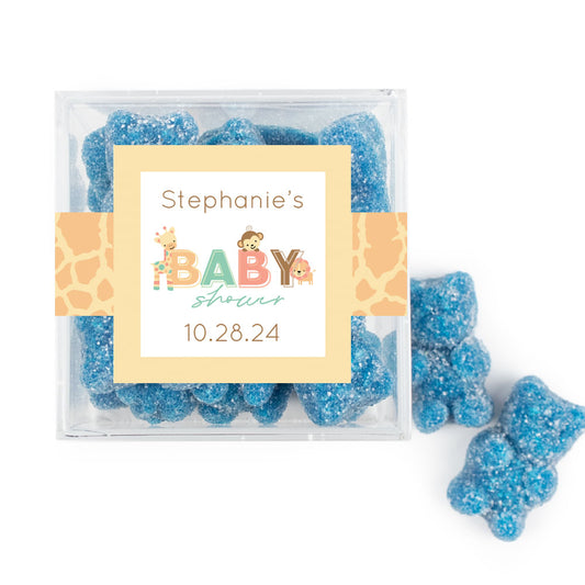 Personalized Baby Shower Safari Snuggles Favor Cube with Sanded Gummy Bears