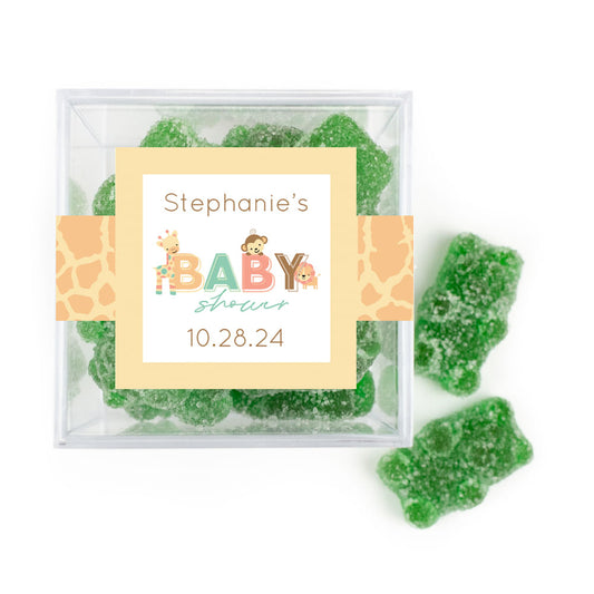 Personalized Baby Shower Safari Snuggles Favor Cube with Sanded Gummy Bears