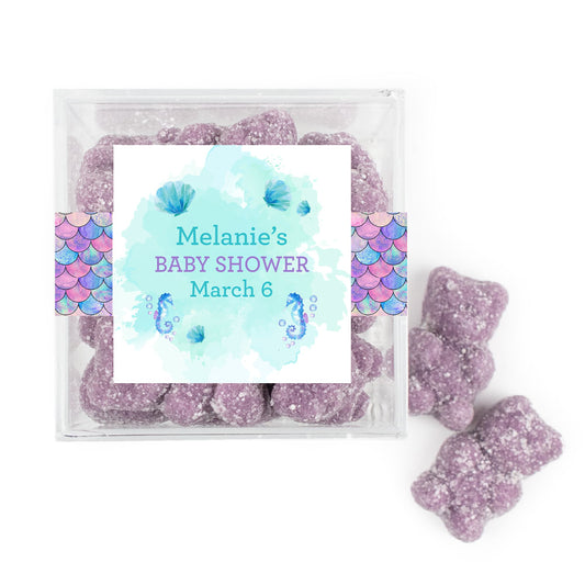 Personalized Baby Shower Mermaid Favor Cube with Gummy Bears