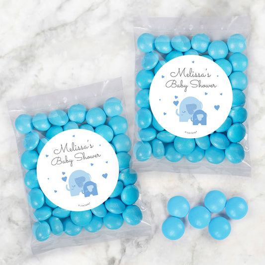 Personalized Baby Shower Boy Elephant Hearts Candy Bags with Just Candy Milk Chocolate Gems