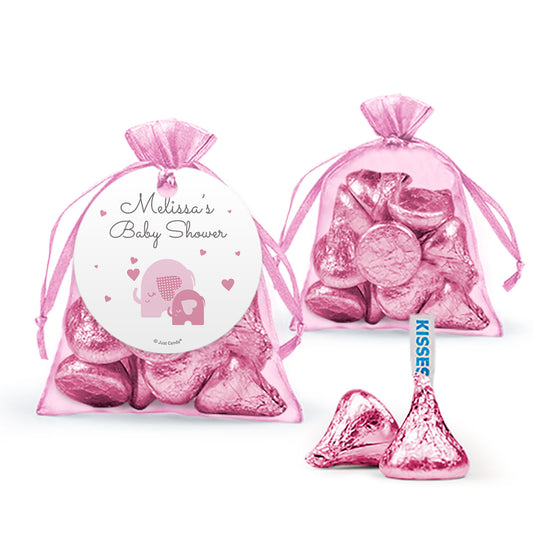 Personalized Baby Shower Elephant Hearts Organza Bags with Hershey's Kisses