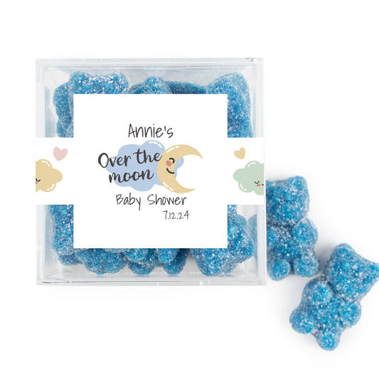 Personalized Baby Shower Over the Moon Favor Cube with Gummy Bears