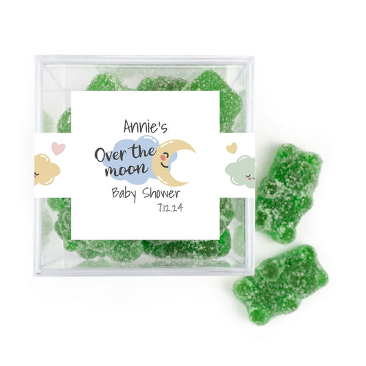 Personalized Baby Shower Over the Moon Favor Cube with Gummy Bears