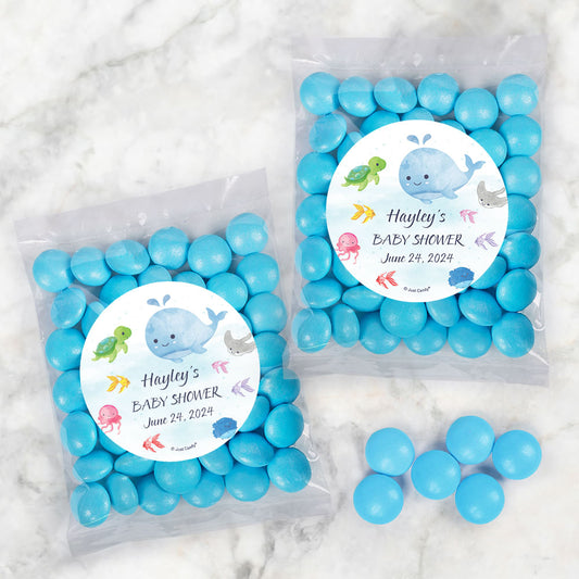 Personalized Baby Shower Whale Candy Bags with Just Candy Milk Chocolate Gems