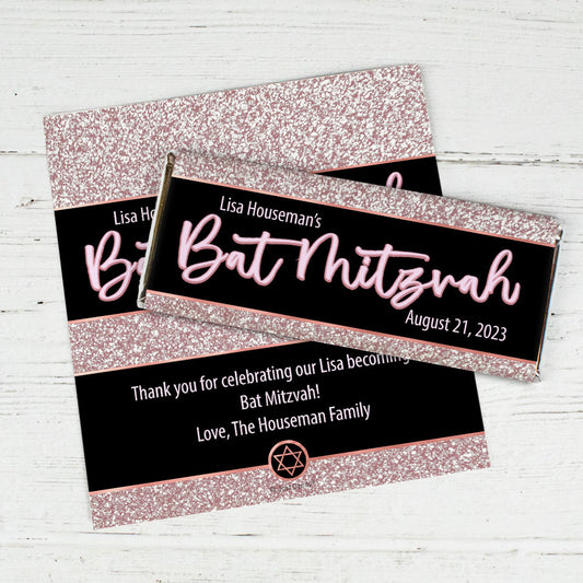 Personalized Rose Gold Bat Mitzvah Chocolate Bar Wrappers