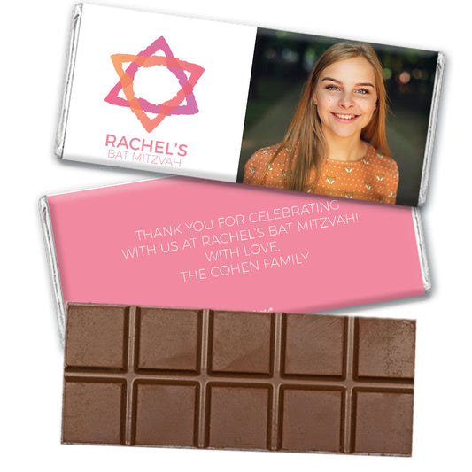 Personalized Bat Mitzvah Star of David Pink Belgian Chocolate Bar