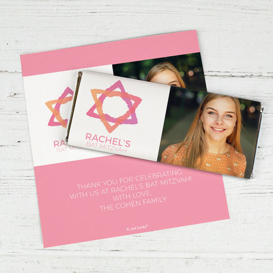 Personalized Bat Mitzvah Star of David Pink Hershey's Chocolate Bar Wrappers