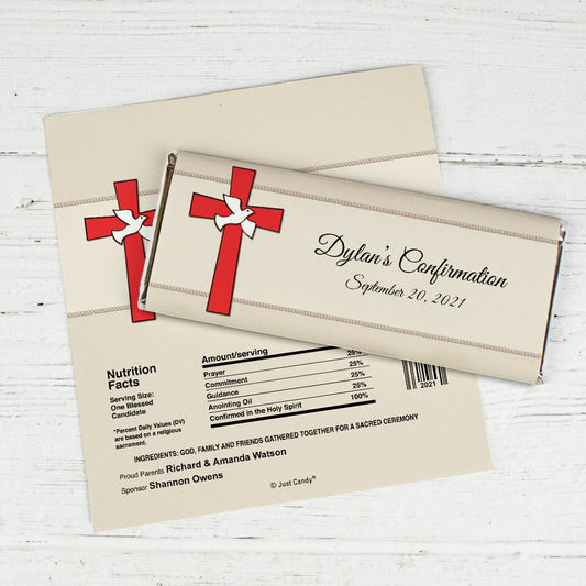 Confirmation Personalized Chocolate Bar Wrappers Red Cross and Dove